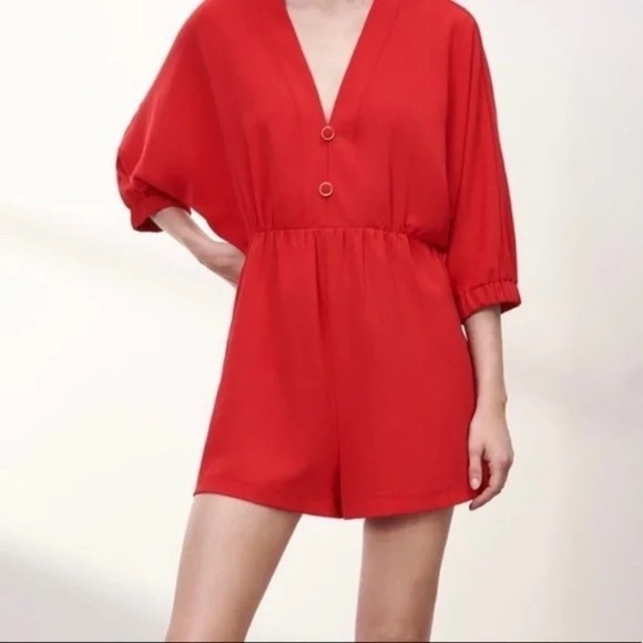NWT Zara Red Romper Half Puff Dolman Sleeve V Neck Shorts Sz L - Picture 14 of 15